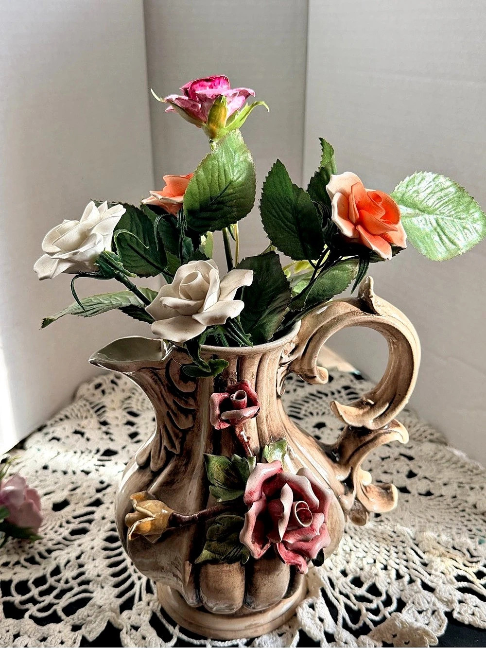 Capodimonte Brown & Pink Floral Decorative Vase/ Pitcher with Porcelain Rose
